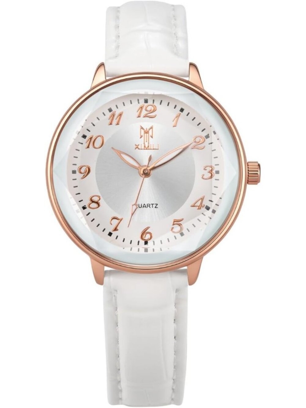 Women's White Leather Big Face Easy to Read Analog Quartz Arabic Dial Wristwatch